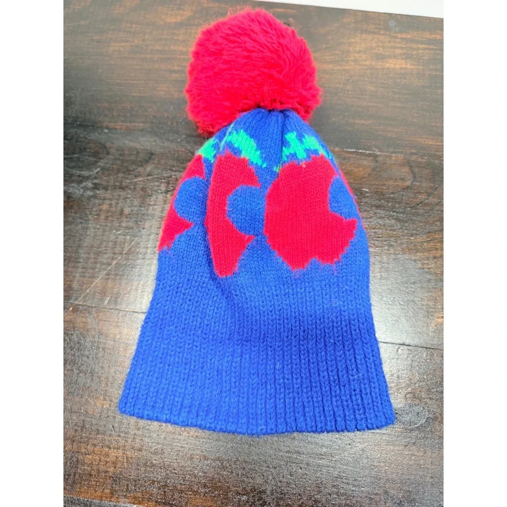 Kids Blue Knit Beanie with Red Pom Pom and‎ Apple Design winter Snow